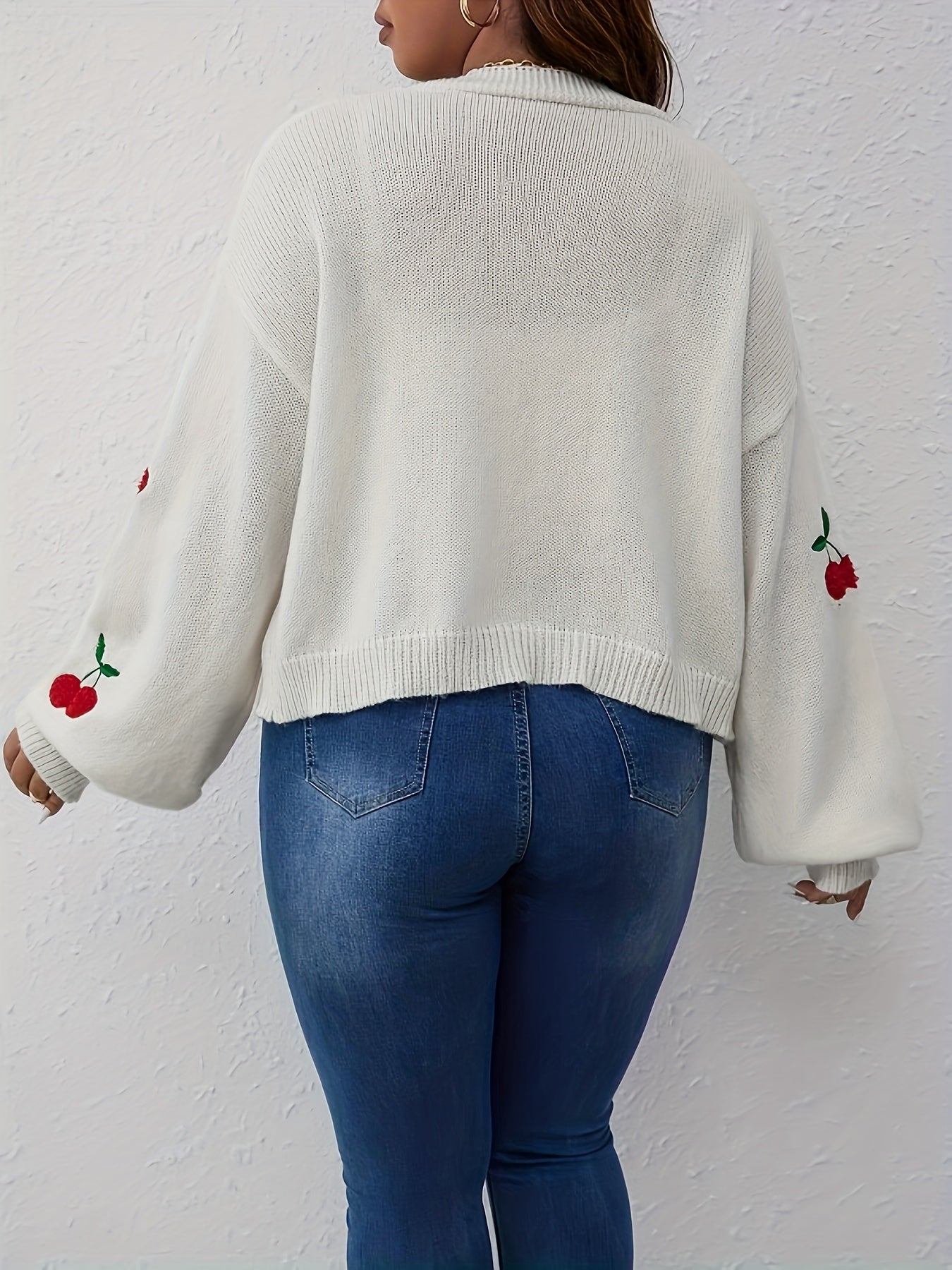 Cherry Embroidery Lantern Sleeve Knit Cardigan