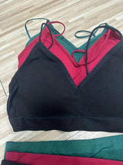 3 Sets Solid Ribbed Bra & Panties Push Up Bra & Elastic Panties Lingerie Set