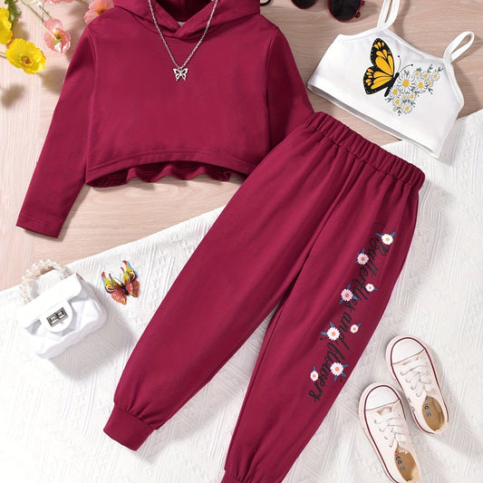 Girl's 3pcs Hoodie & Cami Top & Sweatpants Set BUTTERFLY AND FLOWERS Print