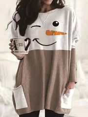 Women's Plus Snowman Print Long Sleeve Tunic Top With Pockets