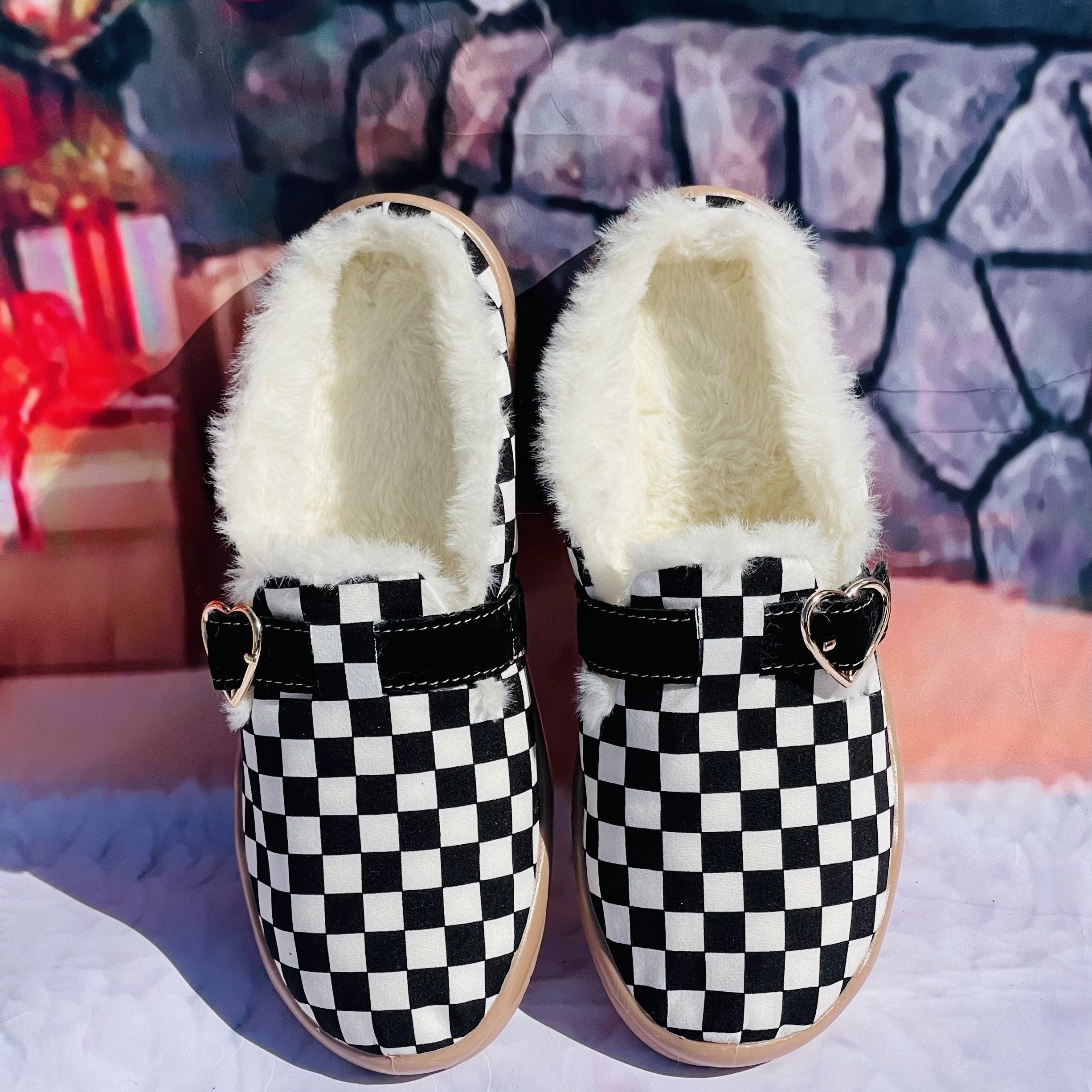 Women's Plaid Furry Slip On Shoes Warm Comfortable Lightweight