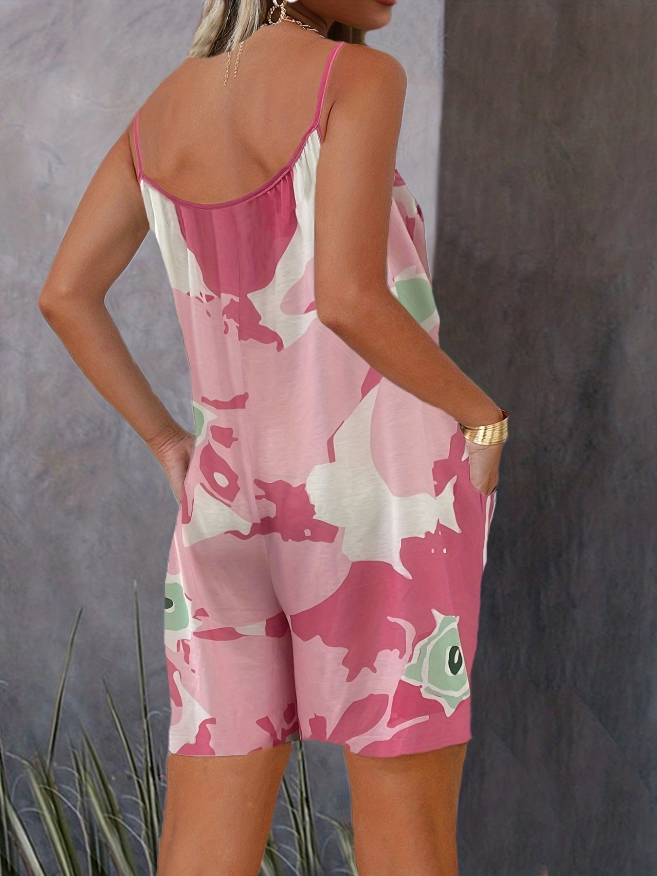 Boho Tie Dye Spaghetti Jumpsuit Sleeveless Short Length With Pockets