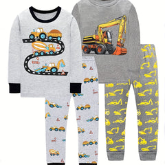 Kid's Cotton Pajamas Long Sleeve Top & Pants Set Engineering Vehicle Print