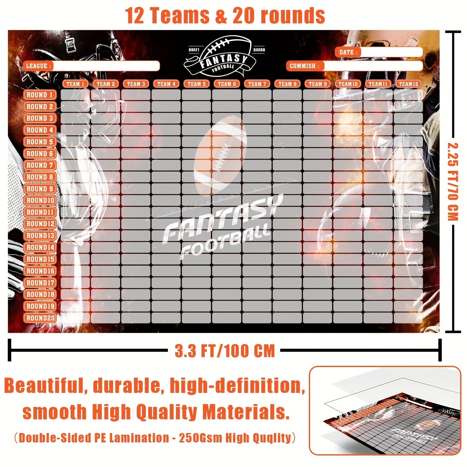 Fantasy Football Draft Board Season Kit 12 Teams 20 Rounds & 450 Stickers