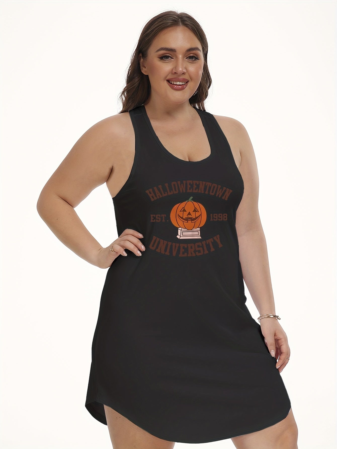 Plus Size Halloween Lounge Dress Women's Plus Pumpkin Print Nightdress