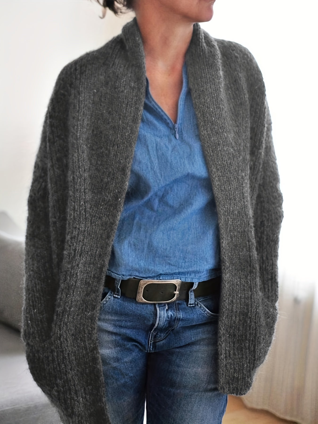 Solid Long Sleeve Shawl Collar Cardigan