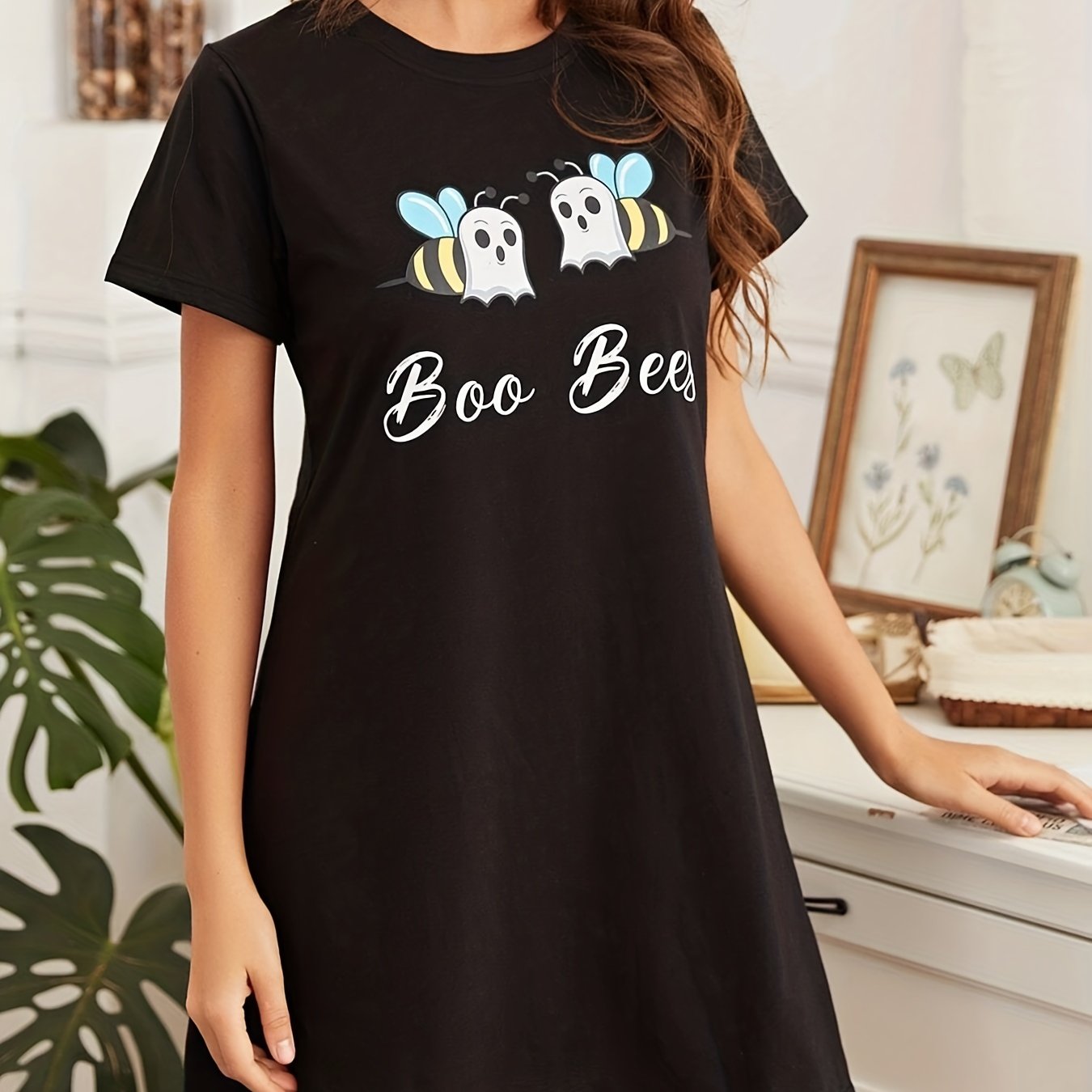 Bee Print Lounge Dress Short Sleeve Home Dress Women's Loungewear