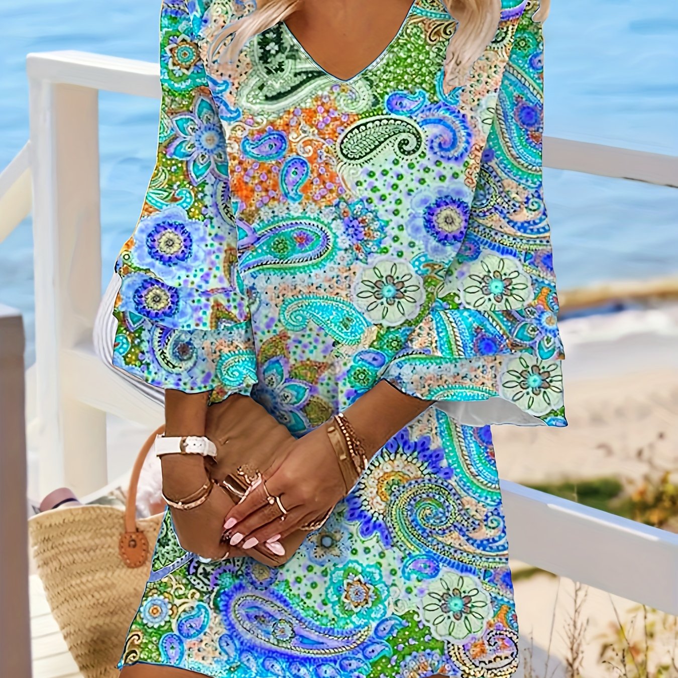 Paisley Print Layered Dress V Neck Flared Sleeve Dress