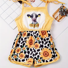 Toddler Girls Cow & Sunflower Cami Romper Beach Vacation Summer Clothes