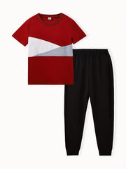Boy's 2pcs Block Stitching T shirt & Sweatpants Set