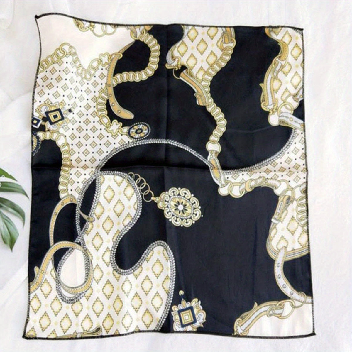 Vintage Chain Print Square Scarf Satin Bandana Silk Head Wrap