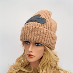 Heart Label Patch Beanie Thick Elastic Knit Hat Solid Skull Cap