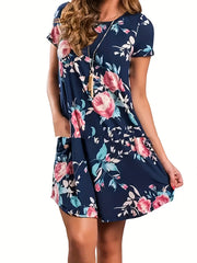 Floral Print Short Sleeve Round Neck Plus Size Mini Dress With Pockets