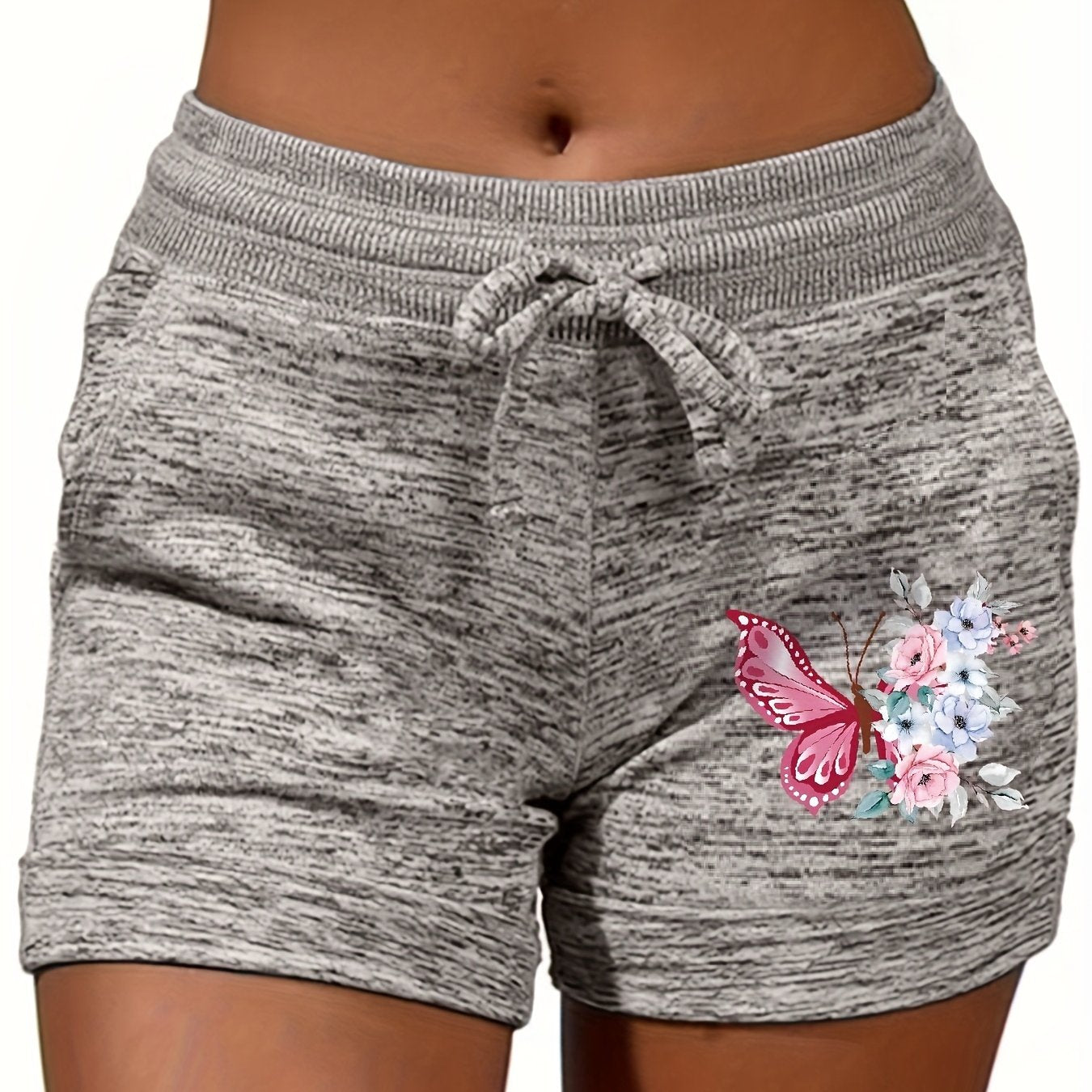 Butterfly & Floral Print Drawstring Shorts for Summer Women's Clothing