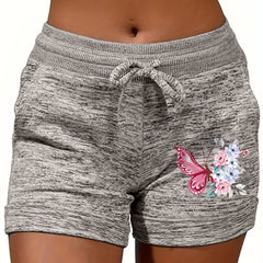 Butterfly & Floral Print Drawstring Shorts for Summer Women's Clothing