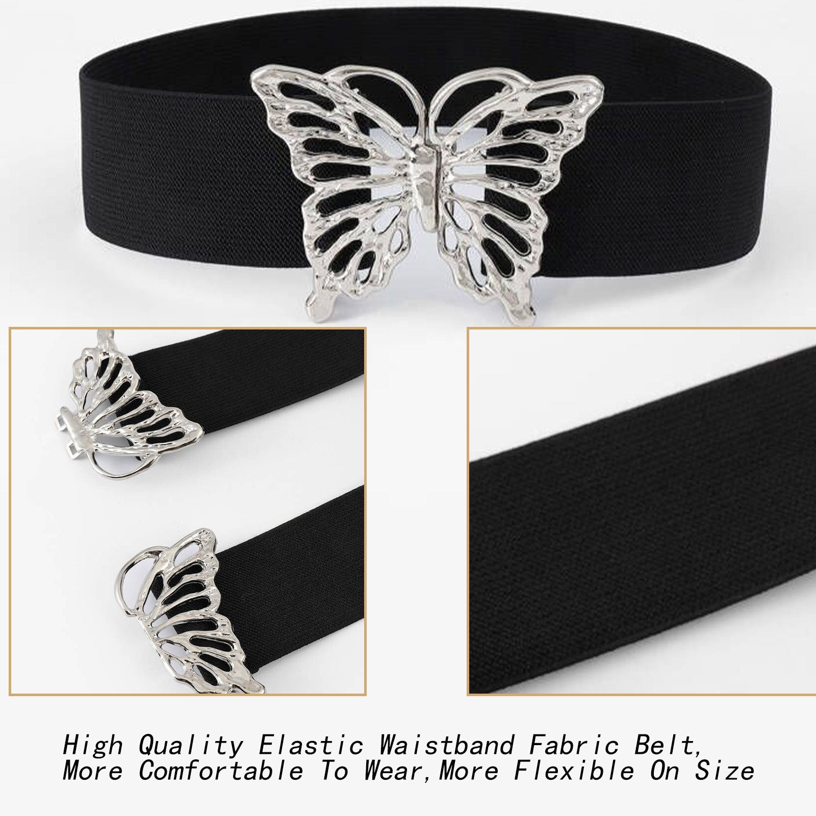 Vintage Butterfly Buckle Elastic Belt Metal Clasp Cinch Buckle Dress Belt