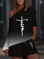 Casual Two piece Set Asymmetrical Letter Print Tops & Shorts