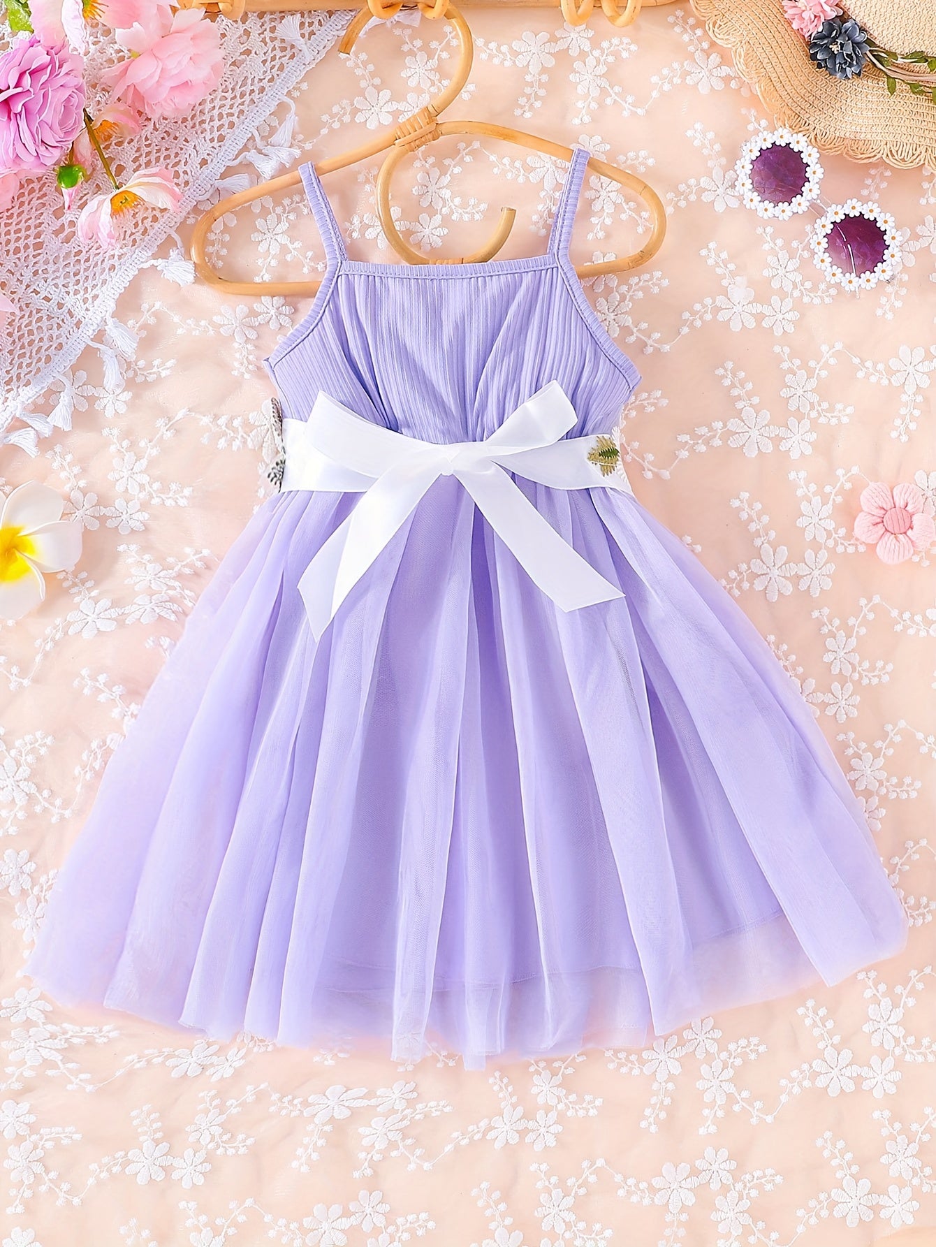 Toddler Girls Flowers Embroidery Mesh Princess Cami Dress