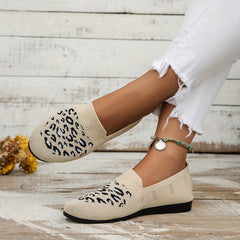 Leopard Print Flat Shoes Breathable Knit Slip On Lightweight Round Toe Shoes