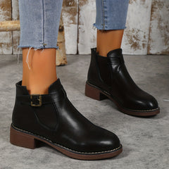 Chunky Heel Chelsea Boots with Buckle Strap Detail
