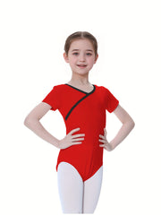 Girls V Neck Short Sleeve Ballet Leotard for Dance Gymnastics