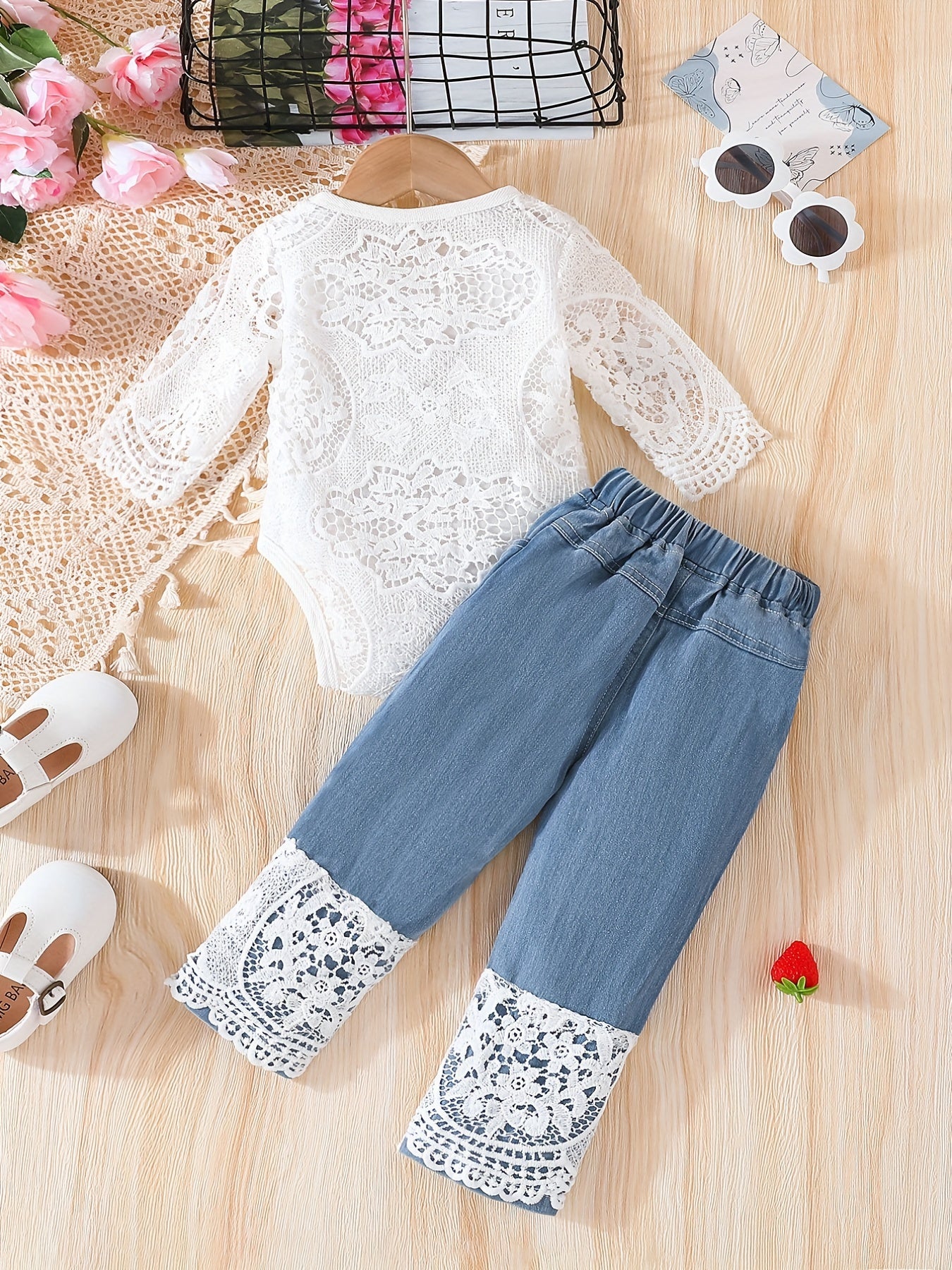 Baby Girl's Lace Romper Jeans Set