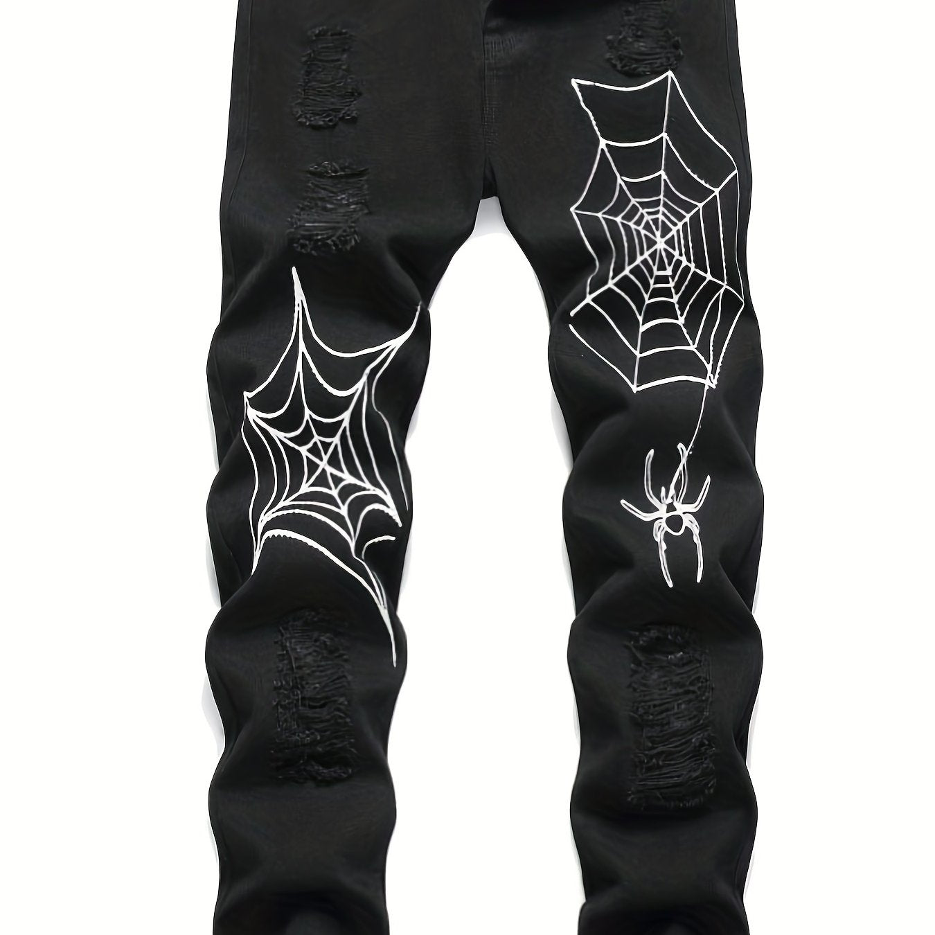 Spider Web Pattern Slim Fit Ripped Jeans Men's Casual Street Style Denim Pants