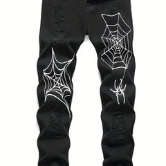 Spider Web Pattern Slim Fit Ripped Jeans Men's Casual Street Style Denim Pants