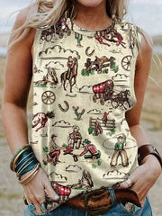 Cartoon Figure Cactus Print Tank Top Round Neck Medium Stretch Tank