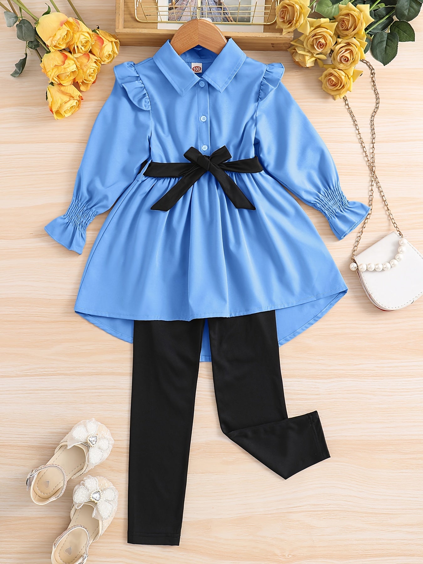 Girl's Lapel Top & Trousers Set With Belt