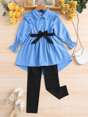 Girl's Lapel Top & Trousers Set With Belt
