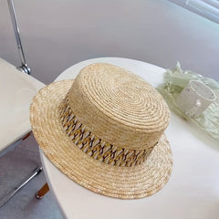 Wheat Straw Flat Top Straw Hat Men Women Vacation Floral Patched Top Hat