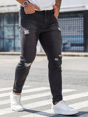 Slim Fit Ripped Jeans Men's Distressed Mid Stretch Denim Pants