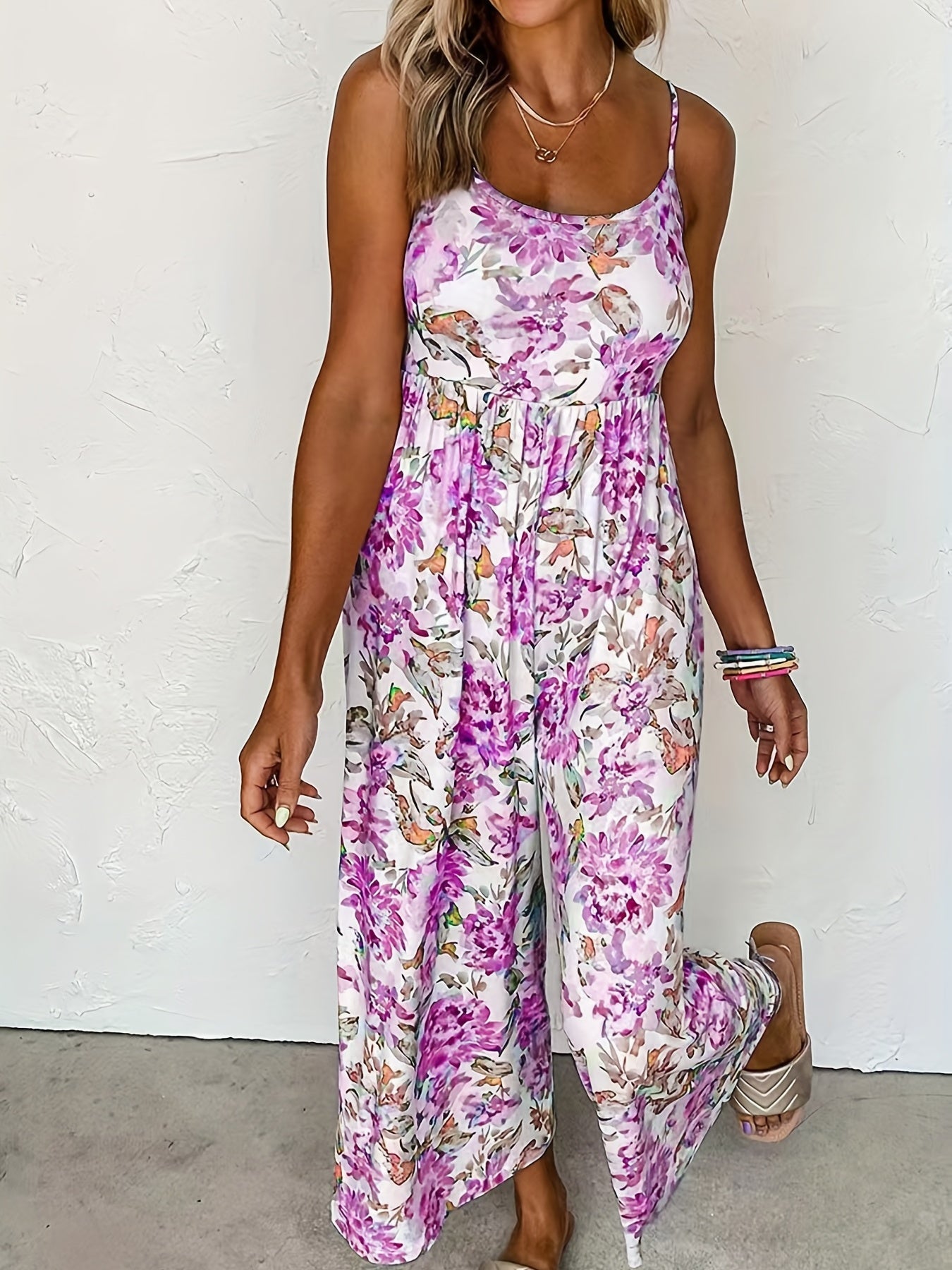 Women's Plus Floral Print Round Neck High Stretch Pleated Cami Jumpsuit
