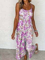 Women's Plus Floral Print Round Neck High Stretch Pleated Cami Jumpsuit