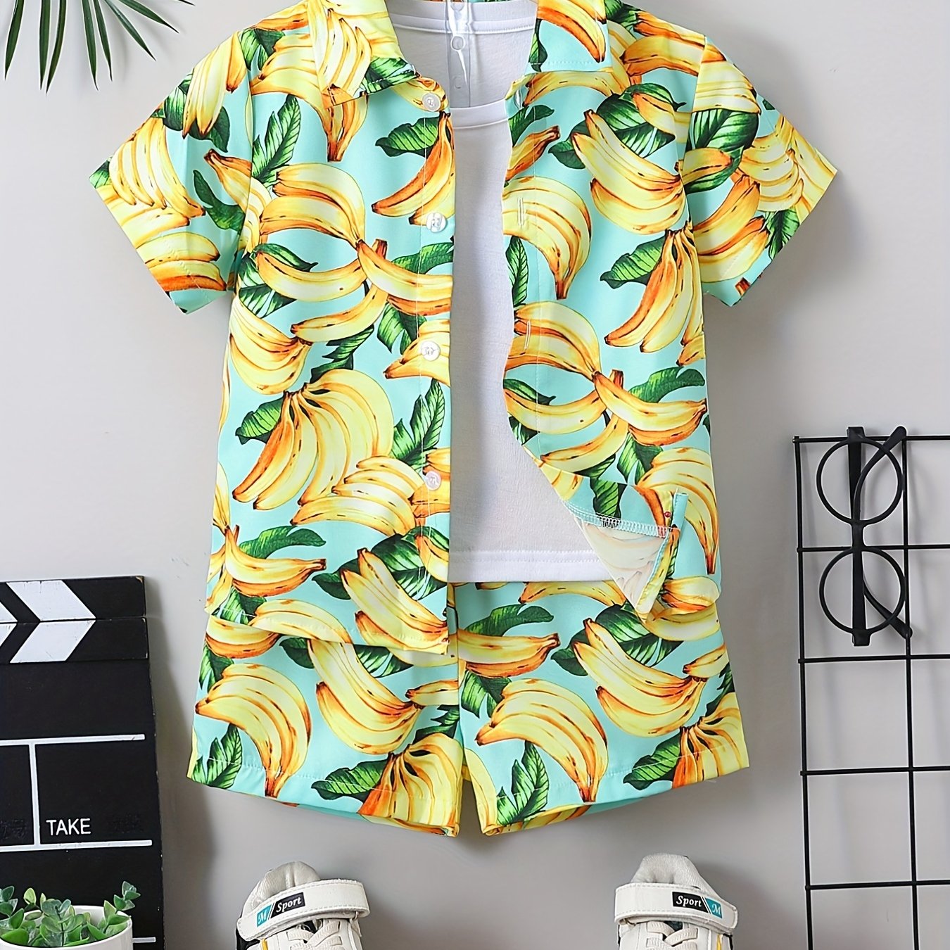 Boys Banana Print Shirt & Shorts Set Summer Kids