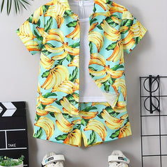 Boys Banana Print Shirt & Shorts Set Summer Kids