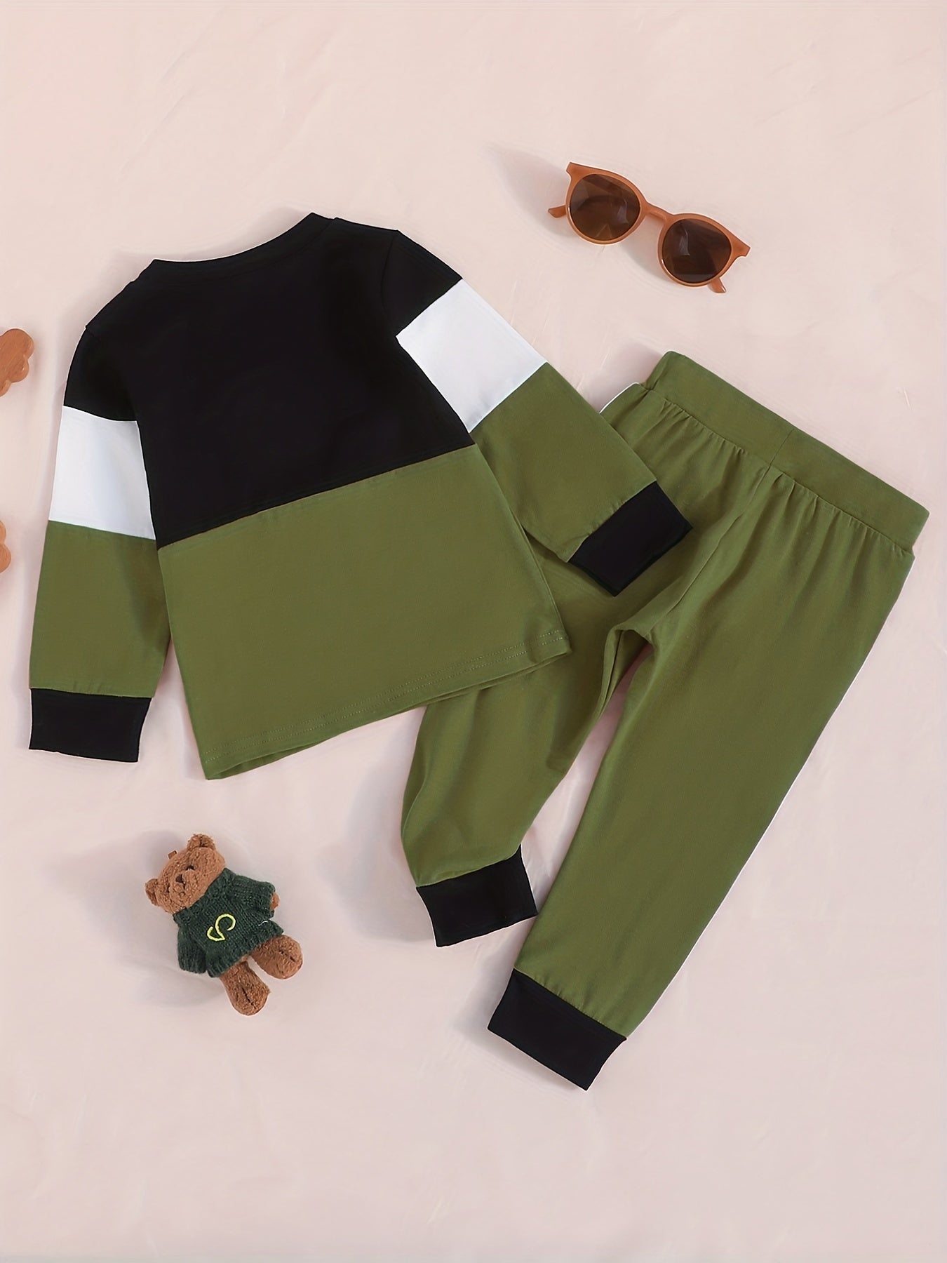 Boys Comfy Casual Suit Contrast Crew Neck Tops & Striped Pants