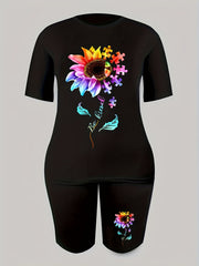 2pcs Sunflower Crew Neck Sports Set Women's Activewear