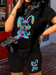 Cartoon Print Two Piece Outfit Short Sleeve T Shirt & Shorts