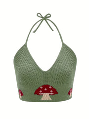 Y2K Mushroom Print Halter Top Sexy V Neck Summer Sleeveless Top