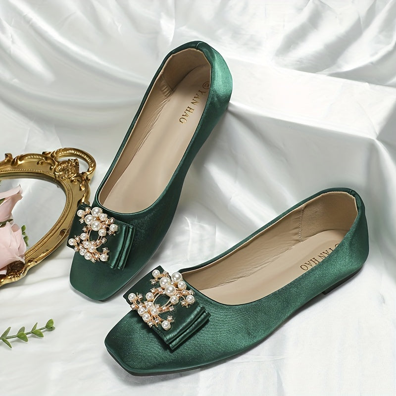 Faux Pearl Bow Ballet Flats Square Toe Slip On Satin Wedding Shoes