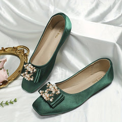 Faux Pearl Bow Ballet Flats Square Toe Slip On Satin Wedding Shoes