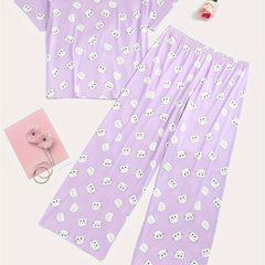 Cat Print Pajama Set Round Neck Top & Pants
