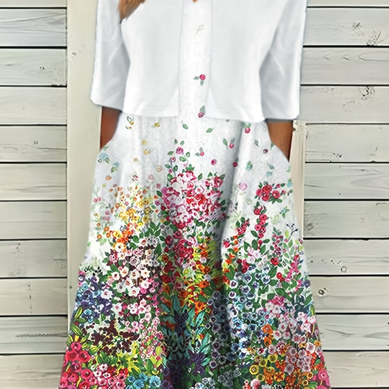 Two Piece Dress Set Solid Half Sleeve Crop Top & Floral Print Dress