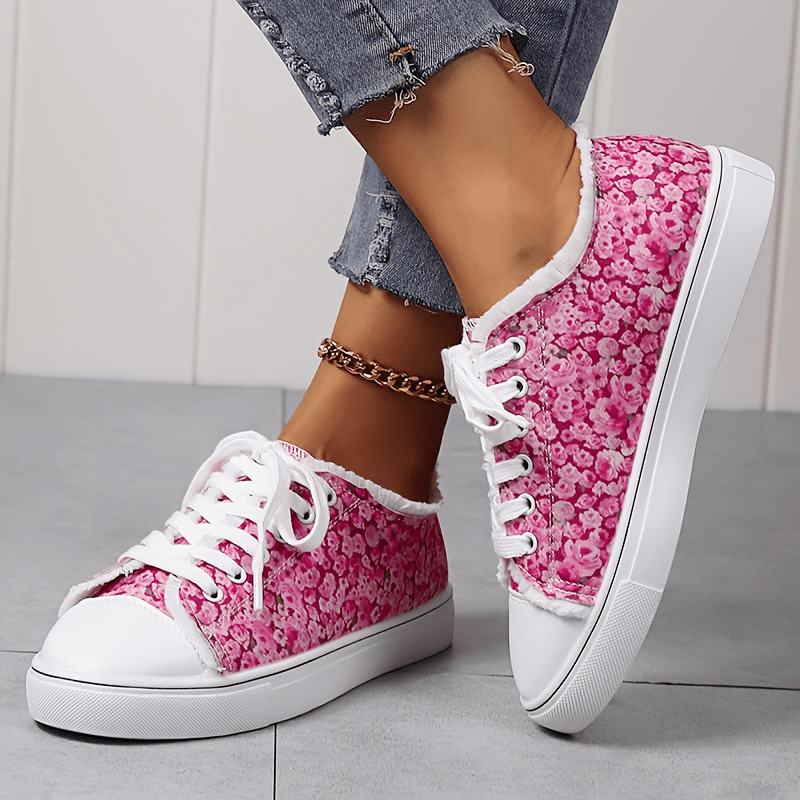 Floral Print Canvas Shoes Lace Up Sneakers Comfortable Low Top