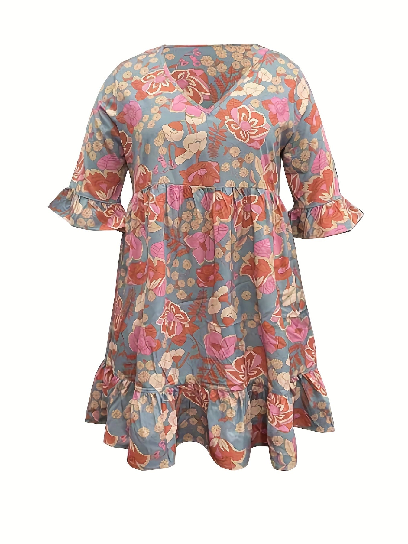 Floral Ruffle Trim V Neck Plus Size Boho Dress