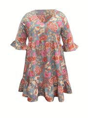 Floral Ruffle Trim V Neck Plus Size Boho Dress