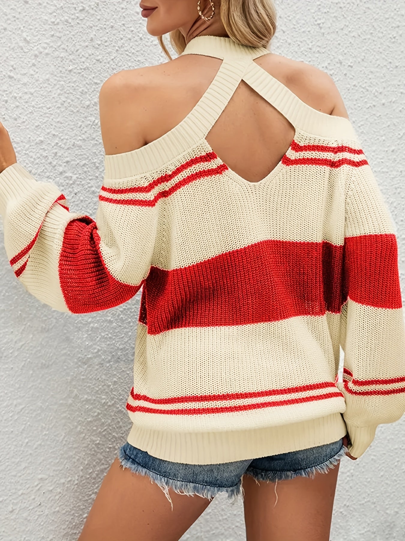 Colorblock Stripe Print Cold Shoulder Sweater