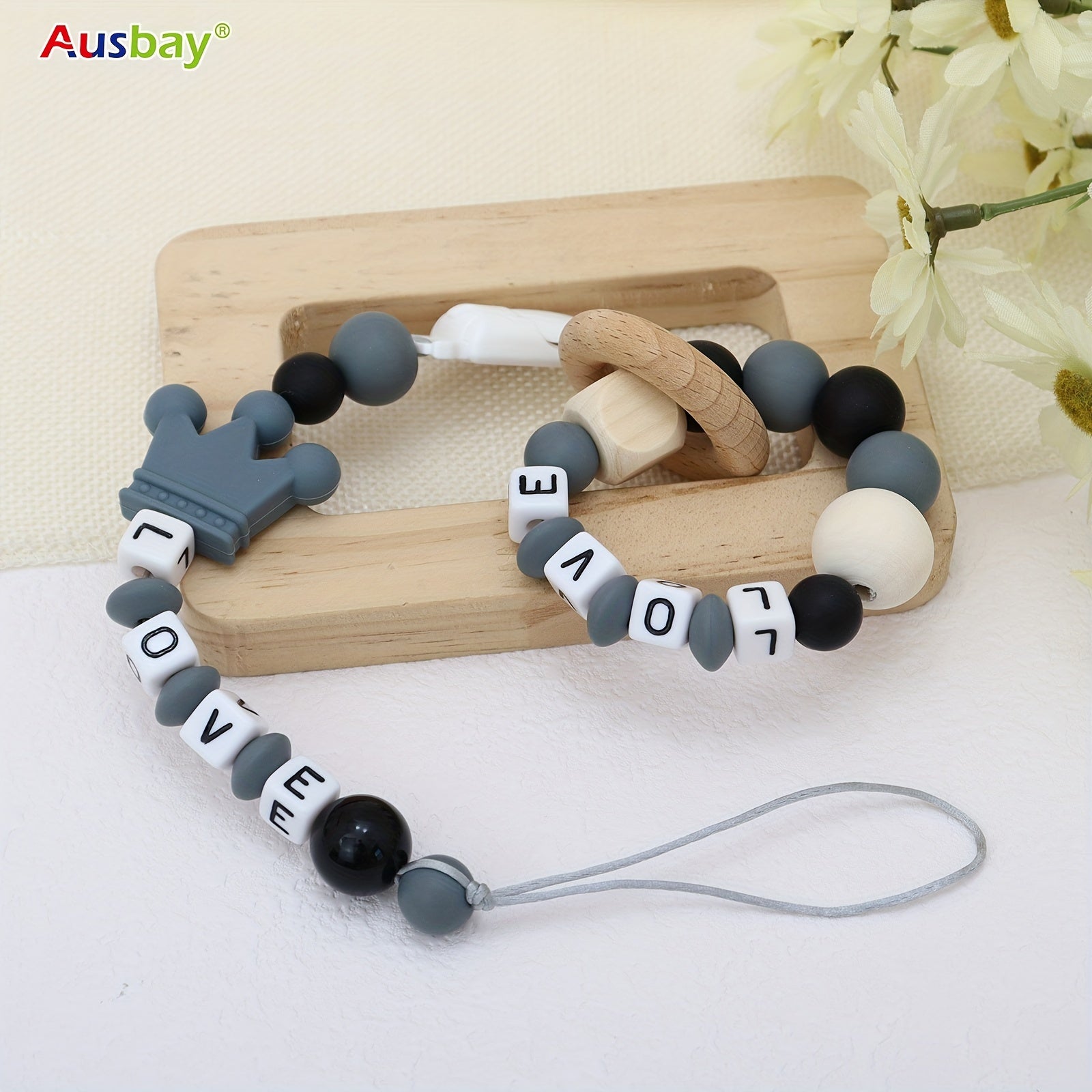 2pcs Personalized Baby Grey Dummy Clip Baby Accessories With Name